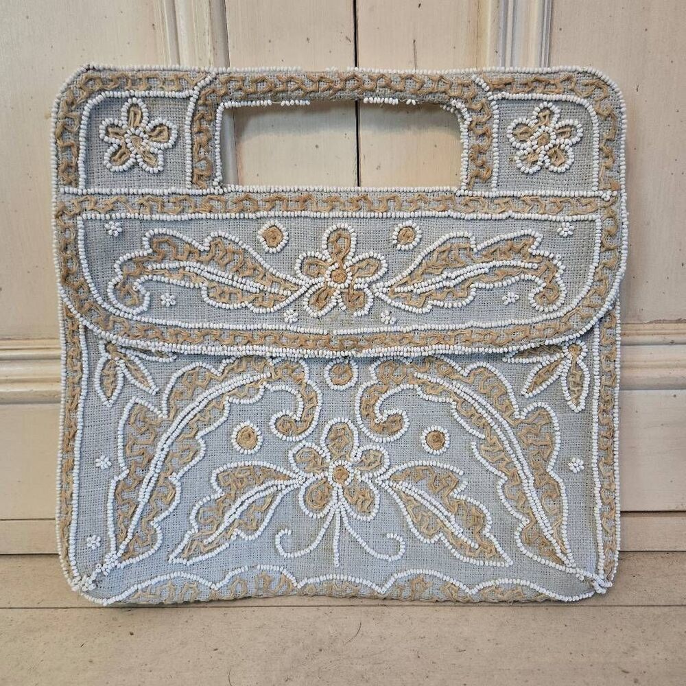 Vintage Blue and White Beaded And Embroidered Handbag Made in France